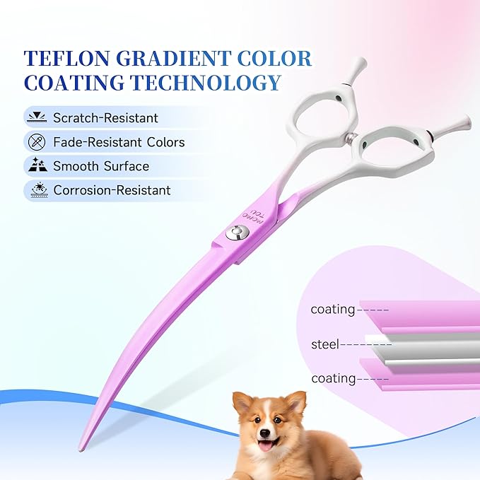 Curved Dog Grooming Scissors Violet to White Gradient 440C Stainless Steel Sharp Durable Dog Shears for Professional or Home Use Ergonomic Handle with 2 Silicone Finger Rings