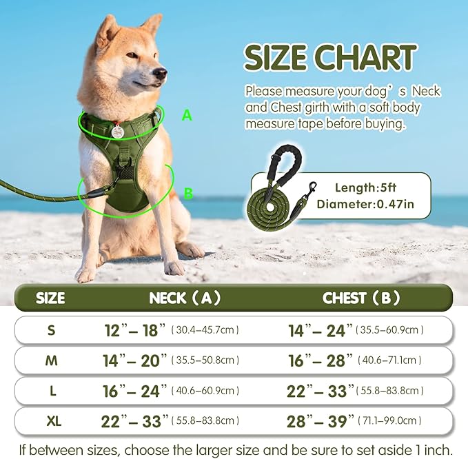 PoyPet No Pull Dog Harness and 5 Feet Leash Set, Release on Neck Reflective Adjustable Pet Vest, Front & Back 2 D-Ring and Soft Padded Pet Harness with Handle for Small to Large Dogs(Military Green,M)