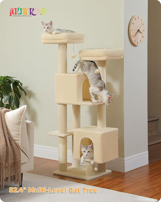 Cat Tree, 52.4" Multilevel Cat Tower for Indoor Cats, Plush Cat Tree House with 2 Padded Perches, 2 Condos & 2 Scratching Posts, Beige