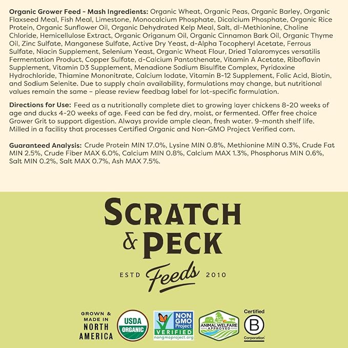 Scratch and Peck Feeds Whole Grain Grower Mash Chicken and Duck Feed - 25 lbs Bag - Corn-Free and Soy-Free - 17% Protein, Certified Organic and Non-GMO Project Verified Chicken Food
