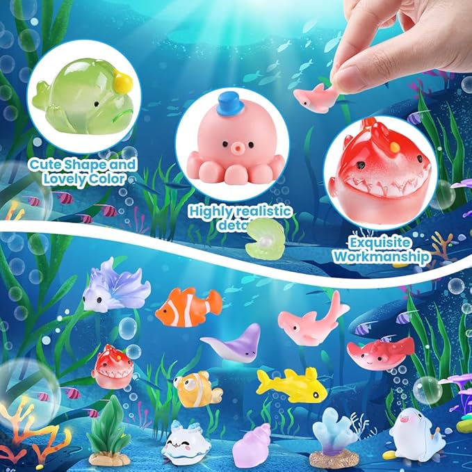 50pcs Mini Ocean Resin Animals 50 Styles Tiny Sea Animal to Hide Sea Miniature Little Small Animal Figures for Holiday Party Favors Bag Filler Micro Garden Dollhouse Aquarium Decorations