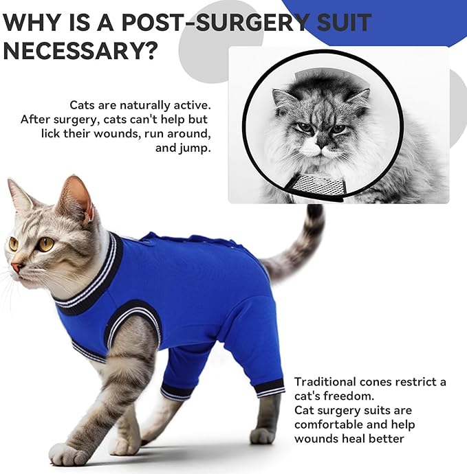 T'CHAQUE Cat Surgery Recovery Suit for Female Male, Cat Onesie Pet Surgical Pajamas Hind Legs Long Sleeve, Abdominal Wound Skin Diseases, E-Collar Alternative, Spay/Neuter Recovery Suit, RoyalBlue-S