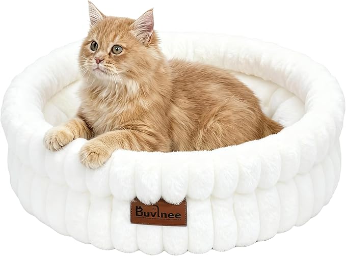 Cat Beds for Indoor Cats, Washable Round Bed for Small Dogs, Soft Pet Bed for Puppy and Kitten with Anti-Slip Bottom (White, 20in)