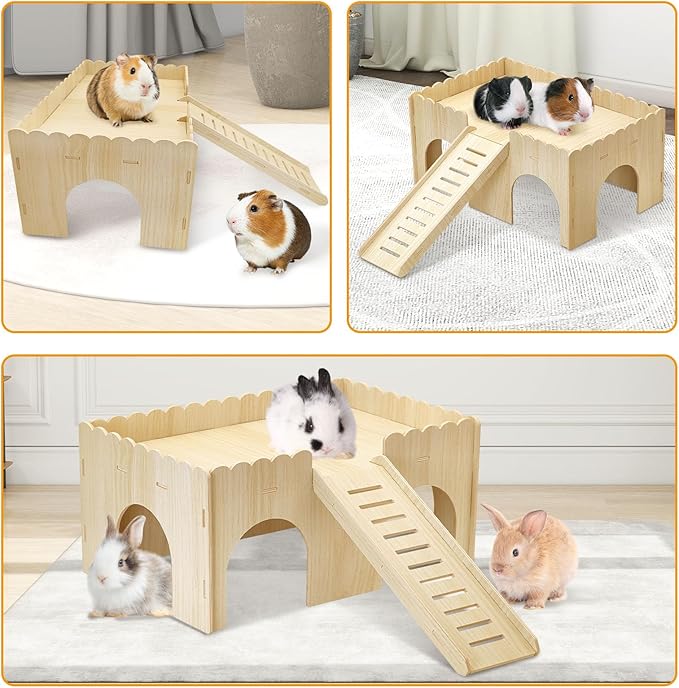 BNOSDM Large Wooden Guinea Pig Hideout with Ramp & Loft 2 Tier Detachable Cavy Castle 4 Door Upgraded Small Animal House Habitat Dwarf Rabbit Climbing Toy Accessories for Cage