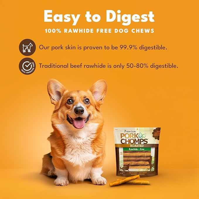 Pork Chomps Roasted Pork Skin Dog Chews, 6-inch Twists, 15 Count (Pack of 2)