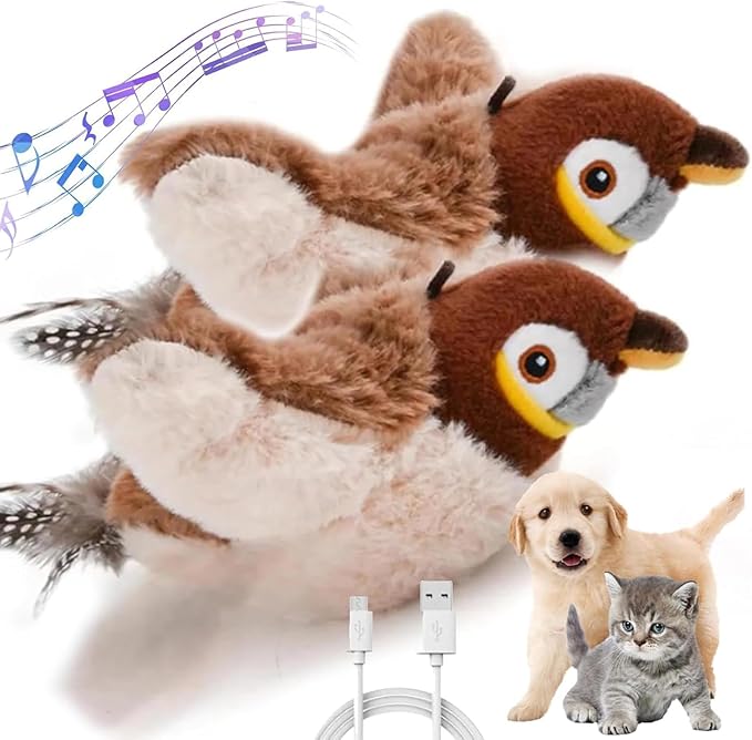 Flappy Bird Toy for Cats, Interactive Chirping Flying Bird Cat Toy, Flying Interactive Simulation Electric Sparrow Shaking Bird, Rechargeable Fun Toy for Indoor Cats (2pcs)