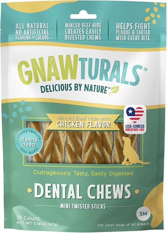 Dental Chews Twisted Sticks | for Small to Medium Dogs | USA Sourced Beef-Hide | Natural Scrubbing Action to Fight Plaque and Tartar While Refreshing Your Dog's Breath (21 Sticks, Chicken)