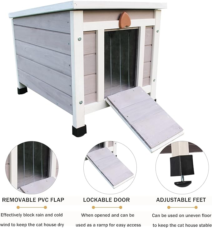 Deblue Weatherproof Cat House for Outdoor Cats, Wooden Small Pet House Outside, Feral Cat Shelter with Elevated Floor and Lockable Door - Grey