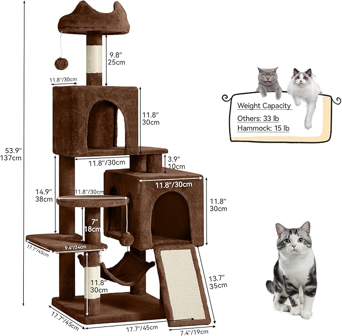 DWVO 54 in Multi-Level Cat Tower: Cats Tree for Indoor Kittens, Pet Furniture with Kitty Condos, Sisal Scratching Posts, Plush Perches, Cozy Hammock, Brown