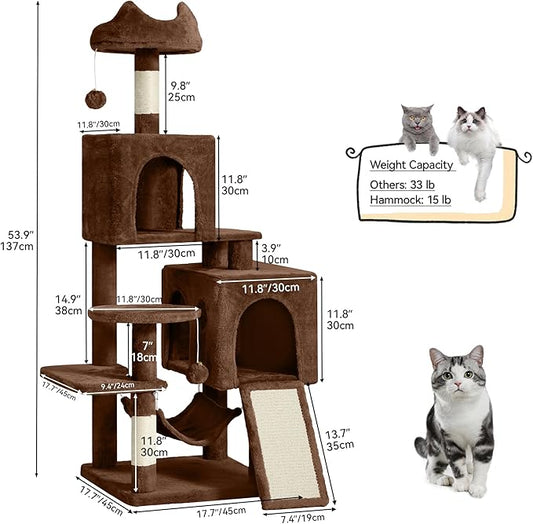 DWVO 54 in Multi-Level Cat Tower: Cats Tree for Indoor Kittens, Pet Furniture with Kitty Condos, Sisal Scratching Posts, Plush Perches, Cozy Hammock, Brown