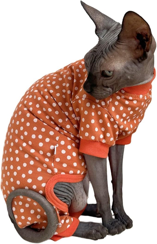 Sphynx Cat Four Leg Cotton Pajamas Elastic Pet Clothes for Hairless Cats Surgery Recovery Suit Undershirt Thermal Clothes for Sphynx, Devon, Cornish (White Dots, S)