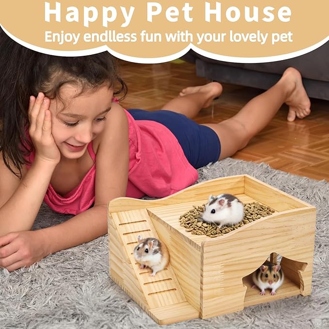 Wood Hamster House, Guinea Pigs Hideout Castle with Stairs and Window, Small Animals Bed Hut Habitats, Ideal for Chinchillas Dwarf Mice Gerbils Playing Hiding, No Installation Required
