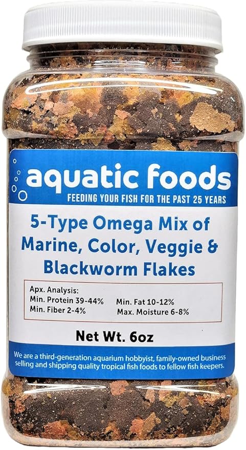 Aquatic Foods Inc. 5-Type Custom Omega Flake Mix of Cichlid, Marine, Color Enhancing, Veggie & 45% Blackworm Flakes for All Tropical Fish. Aquatic Foods Flakes …6oz Med Jar
