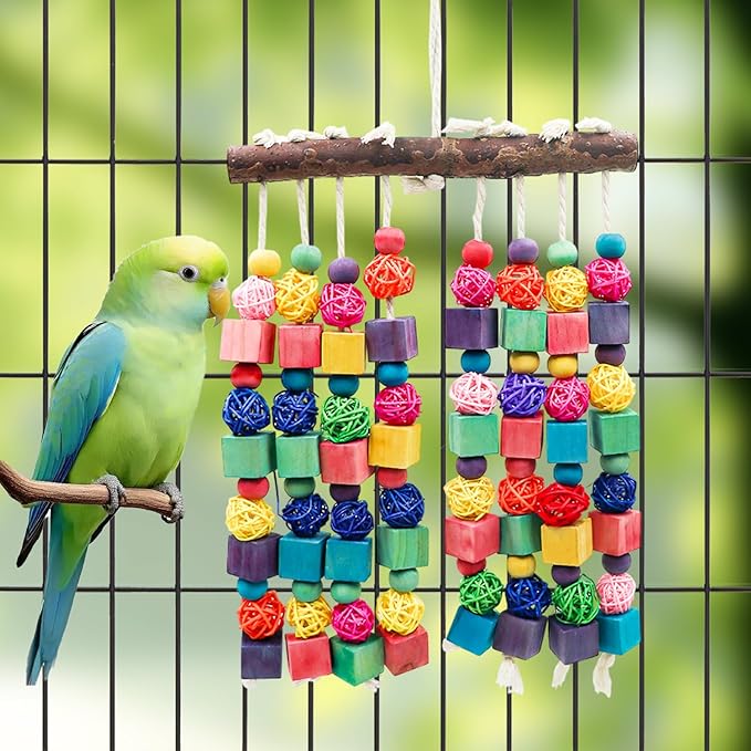 Bird Toys, Natural Bird Toys with Colorful Wooden Blocks, Bird Toys for Parrots, Bird Chew Toys for African Grey, Budgies, Cockatiels, Lovebirds, Conures, Quakers, Amazons, Small to Medium Birds