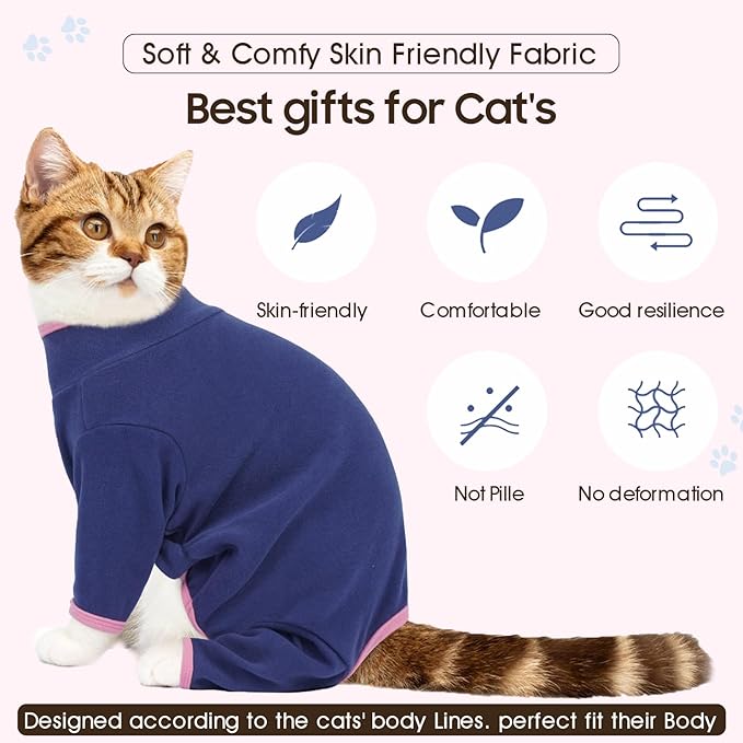 DENTRUN Cat Clothes for Hair Control with Hair Sticky Fabric - Soft Recovery Suit & Breathable Lint-Resistant Cat Sweater for Cats Only, Kitten Onesie Pajamas, M, Blue
