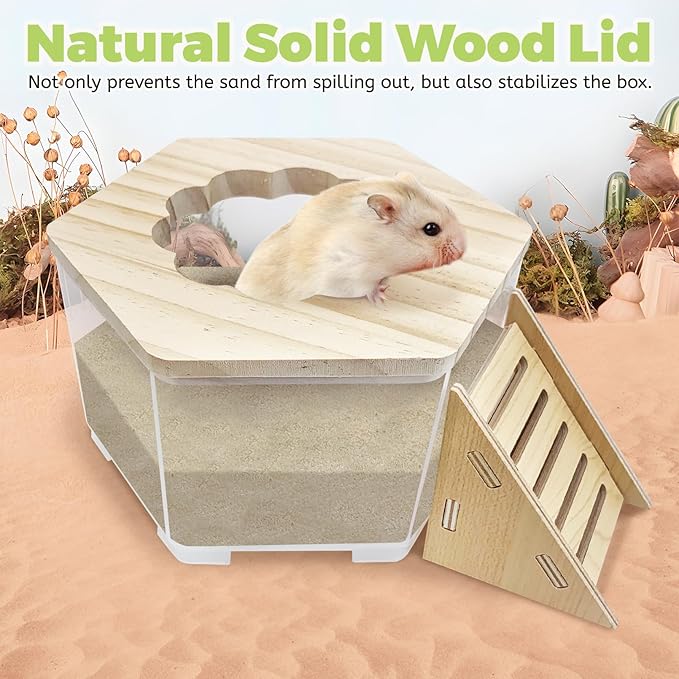 Hamiledyi Hamster Sand Bath Box Transparent Gerbil Digging Sand Container Acrylic Small Dwarf & Syrian Hamster Shower Bathtub with Climbing Ladder Bowl and Scoop Cage Accessories for Lemmings (Flower)
