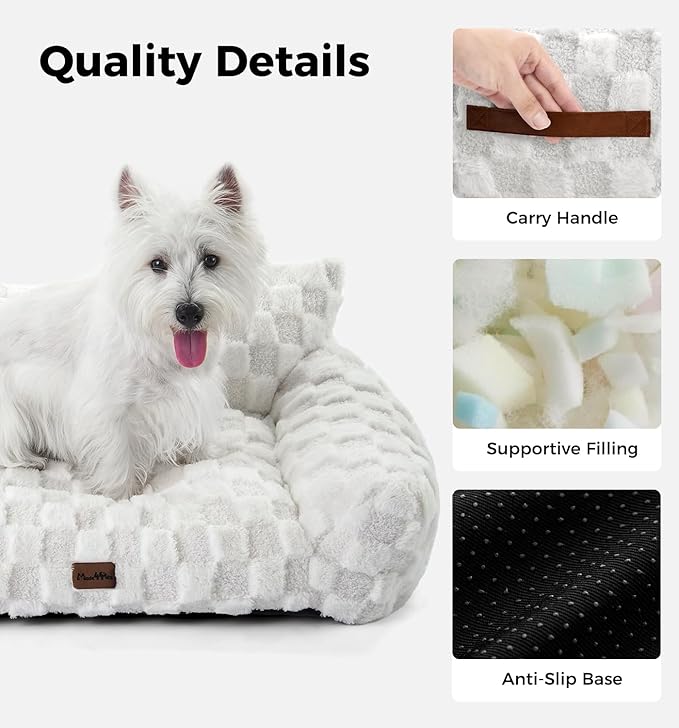 MADE 4 PETS Cat and Dog Indoor Couch Bed, Soft Faux Fur Checkered Pet Sofa, Cozy Fluffy Pet Sofa with Supportive Foam, Removable Washable Cover with Non-Slip Base, White, Medium