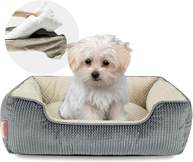 Miguel Small Dog Bed Washable Removable Cover, Cat Bed for Indoor Cats Square, Cuddle Rectangle Pet Bed with Side Soft Bolster Puppy Bed Kitten Bed with Wall Slip-Resistant Bottom, Gray 20 Inch
