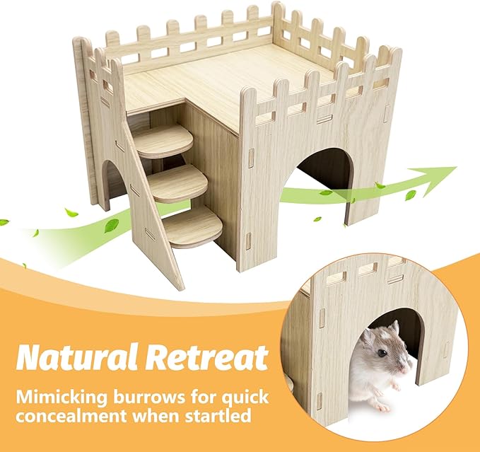 BNOSDM Hamster Hideout Set Gerbil Wooden House with Stairs Wood Hide Hut with Fun Slid Seesaw Dwarf Cage Accessories for Syrian Hamsters Mouse Mice