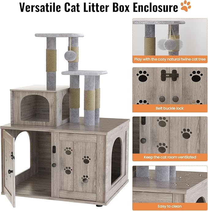 DKLGG Litter Box Enclosure with Cat Tree, Large Cat Tree with Hidden Litter Box Enclosure | All-in-one Indoor Kitten House w/Sisal Scratching Post, Plush Perch Platform & Divided Condo (Grey)