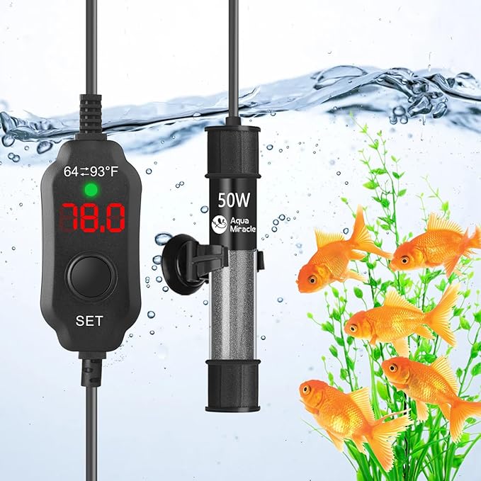 AquaMiralce 50W Aquarium Heater with Compact Size, Submersible Fish Tank Heater with LED Digital Display Thermostat, Adjustable Fish Heater Turtle Heater for 5-10 Gallon Tanks