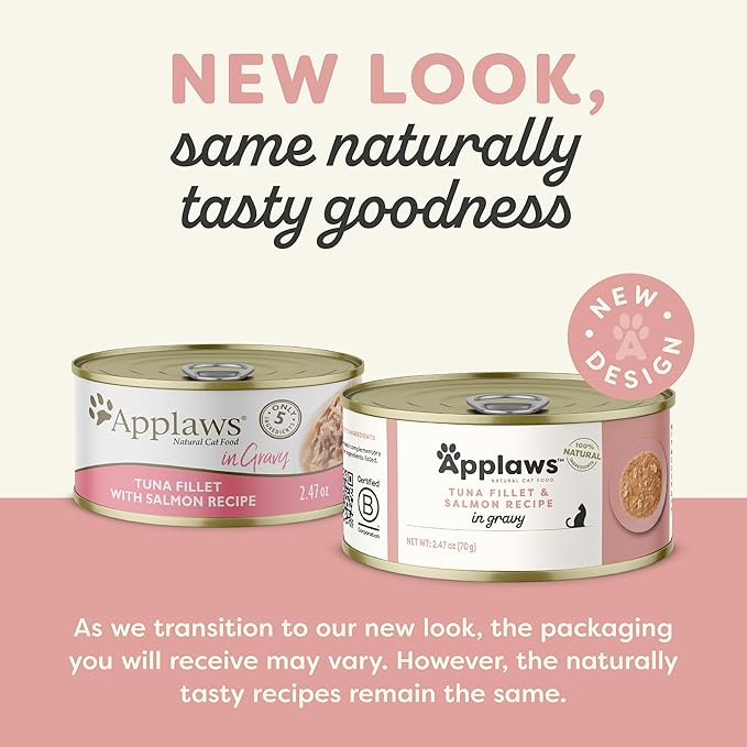 Applaws Natural Wet Cat Food, Made with Limited and Natural Ingredients, High Protein with No Artificial Additives or Fillers, Tuna Fillet with Salmon in Gravy (24 x 2.47oz Cans)