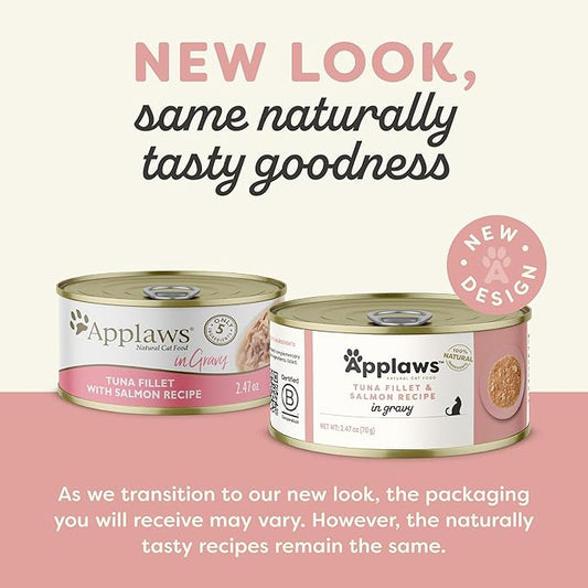 Applaws Natural Wet Cat Food, Made with Limited and Natural Ingredients, High Protein with No Artificial Additives or Fillers, Tuna Fillet with Salmon in Gravy (24 x 2.47oz Cans)