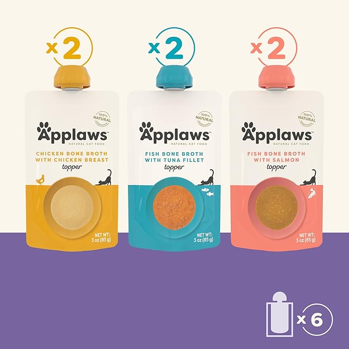 Applaws Natural Wet Cat Food in Mousse Topper, Limited and Natural Ingredients, High Protein with No Artificial Additives, Fish and Chicken Variety Bone Broth (12 x 3oz Resealable Spout Pouches)