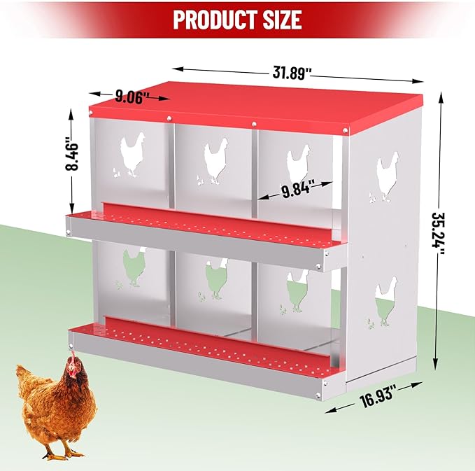 6 Compartments Chicken Nesting Box,Metal Chicken Egg Laying Box, Nesting Boxes,Easy Egg Collection, Easy Cleaning（Red）