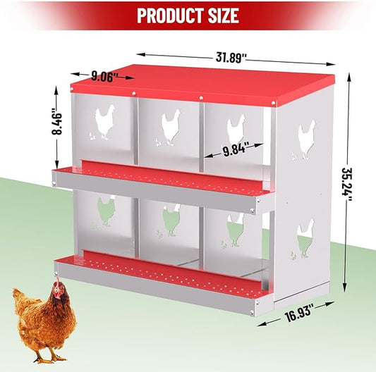 6 Compartments Chicken Nesting Box,Metal Chicken Egg Laying Box, Nesting Boxes,Easy Egg Collection, Easy Cleaning（Red）