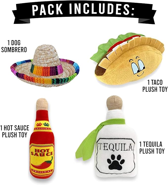 4 Pack Fiesta Dog Chew Toys and Sombrero - Mexican Squeak Plush Toys - Dog Gifts for Chihuahuas - Taco - Tequila - Hot Sauce - for All Breeds