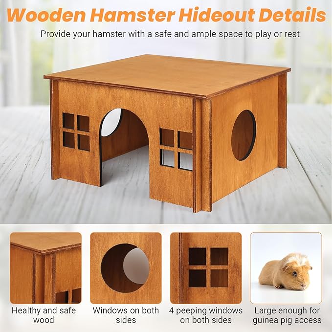 Upgraded Guinea Pig Hideout, Brown Chinchilla House with Windows, Hamster Cage Accessories for Small Animal Houses & Habitats, Wood Hamster Hideout with Cushion, Guinea Pig House for Rabbit, Hedgehog