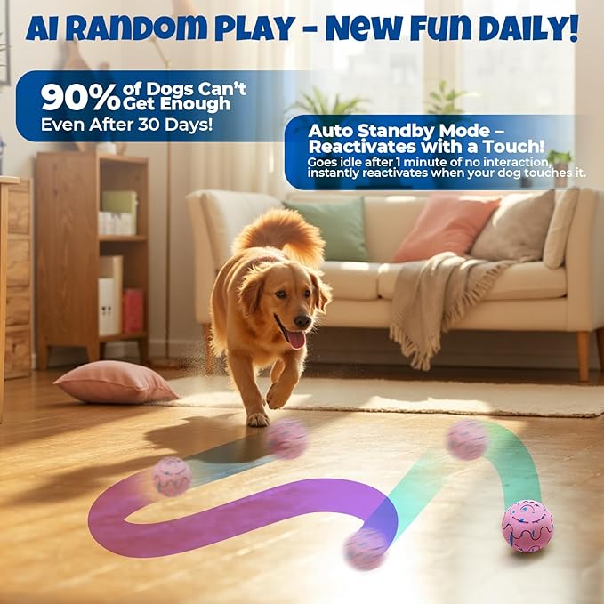 Dog Balls: Interactive Dog Ball Auto Rolling - Interactive Dog Toys for Aggressive Chewers - Bouncy & Throwable, Type-C Rechargeable, Washable, for Small & Medium & Large Dogs – Pink