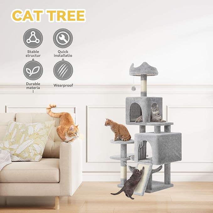 DWVO 54 in Multi-Level Cat Tower: Cats Tree for Indoor Kittens, Pet Furniture with Kitty Condos, Sisal Scratching Posts, Plush Perches, Cozy Hammock, Light Gray