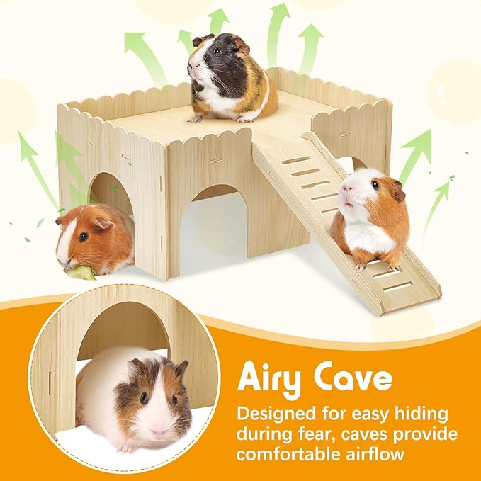 BNOSDM Large Wooden Guinea Pig Hideout with Ramp & Loft 2 Tier Detachable Cavy Castle 4 Door Upgraded Small Animal House Habitat Dwarf Rabbit Climbing Toy Accessories for Cage