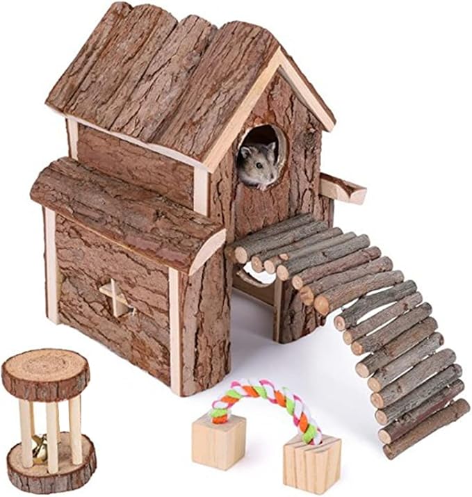 Small Animal Amusement Wooden Villa House Hideouts Playground with Ladder, Fit for Chinchilla, Guinea Pigs, Gerbil, Dwarf Mice, Hedgehog (4 Pcs)