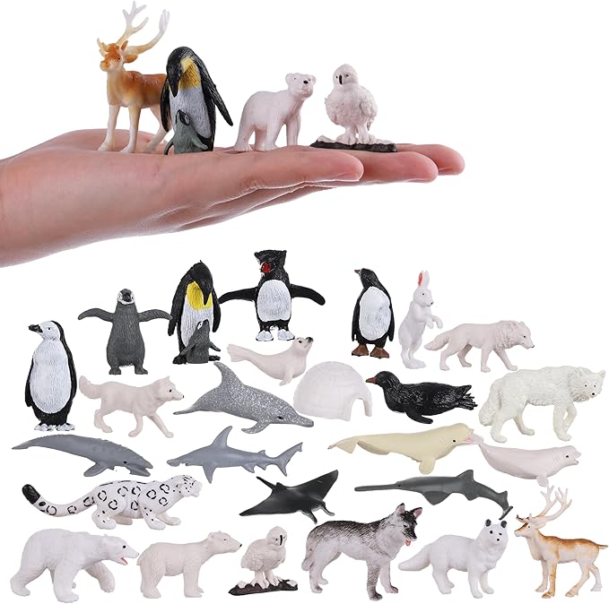 Small Polar Animals Figurines, 26pcs Realistic Penguin Polar Bear Seal Winter Animals for Early Educational Birthday Cupcake Topper Gift for Kids