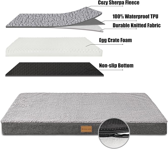 Patas Lague Orthopedic Dog Bed for Small Dogs 20''X15'', Soft Waterproof Egg Crate Foam Small Pet Crate Beds Mat with Removable Washable Cover and Non-Slip Bottom, Light Grey