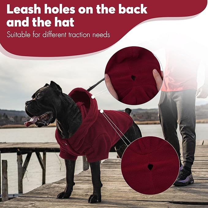 IDOMIK Dog Hoodie Sweater with Leash Hole, Warm Dog Fleece Sweater with Hood, Soft Pullover Dogs Fleece Vest for Fall Winter, Pet Sweatshirt Clothes for Poodle French Bulldog Labrador,Red,3XL