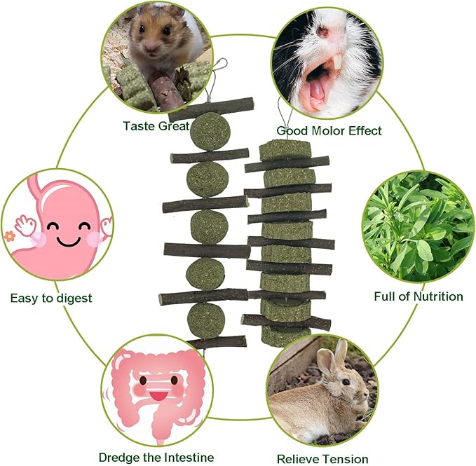Natural Rabbits Treats Aple Branches pple Sticks with Timothy Hay Balls Grass Cake Hanging Chew Toys for Hamsters,Bunny, Chinchilla,Guinea Pigs