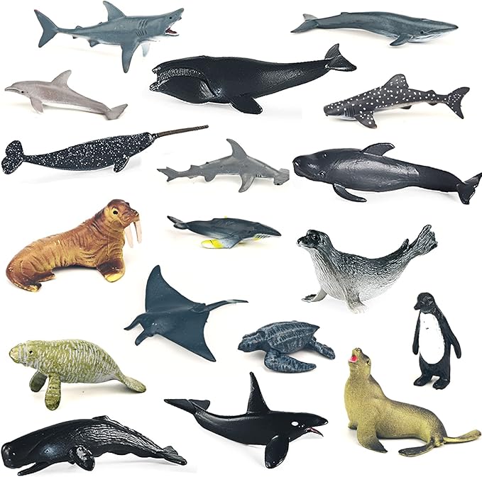 18PCS Mini Sea Creature Ocean Animal Figures Toy - Plastic Small Tiny Marine Animal Figurines with Sharks Whales Arctic - Easter Egg Cake Topper Birthday Gift for Kids Toddlers