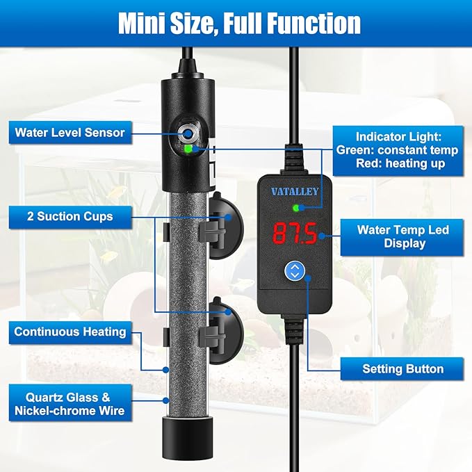 Mini Fish Tank Heater for Aquarium: 50W/100W/200W/300W/500W Submersible Betta Turtle Heaters with Accurate Temperature LED Digital Display - Overheating and Off-Water Protection for 10-20 Gallon