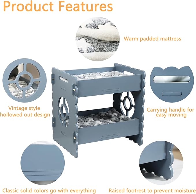 Cat Bunk Beds for 2 Indoor Cats,Double Raised Cat Bed,Elevated Cat Bed Furniture,Modern Cat Condo with Matress,Protect Cat's Hip Joint for All Seasons,Easy to Assemble(19.7“x15 x19.2,Grey)