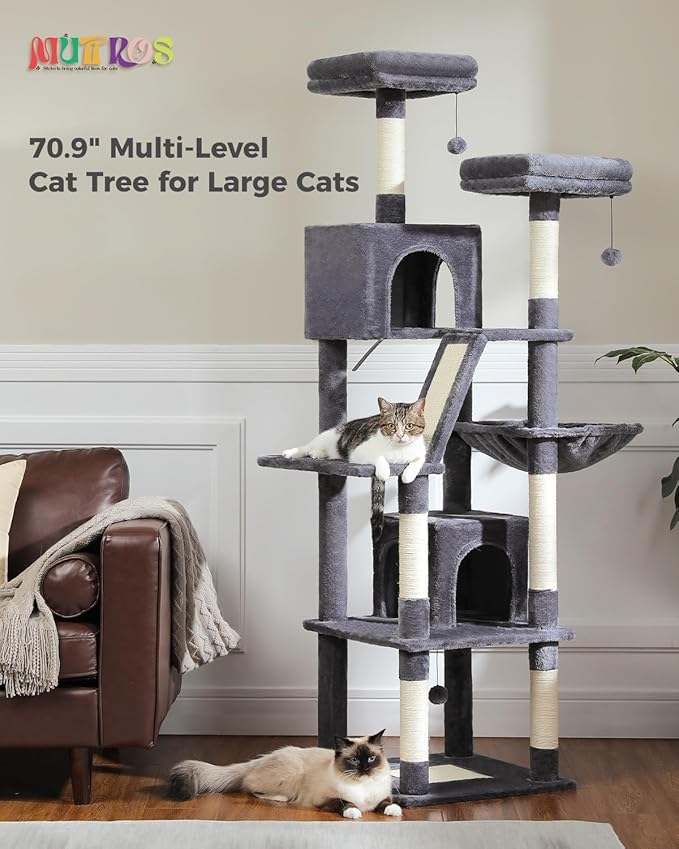Tall Cat Tree 70.9"- Cat Tower with 6 Scratching Posts, Multi-Level Cat Climbing Tower with 2 Cat Condo, 2 Scratching Boards, 2 Top Beds&Hammock for Indoor Large Medium&Small Cats, Dark Gray