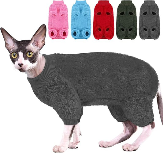 SUNFURA Sphynx Hairless Cat Sweater, Full Body Warm Fleece Sweaters with Sleeves for Cats, Soft Turtleneck Cat Clothes, Cozy Pullover Pajamas for Hairless Cats Devon, Donskoy & Small Dogs, Grey M