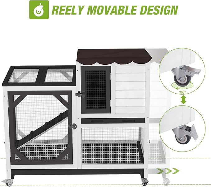 Gutinneen 2-Story Rabbit Hutch Bunny cage with Chew-Proof Ramp, Locking Leak-Proof Trays - Indoor/Outdoor 39.3" Wooden Rabbit Cage with Wheels for Rabbits, Guinea Pigs, Small Animal (Black and White)