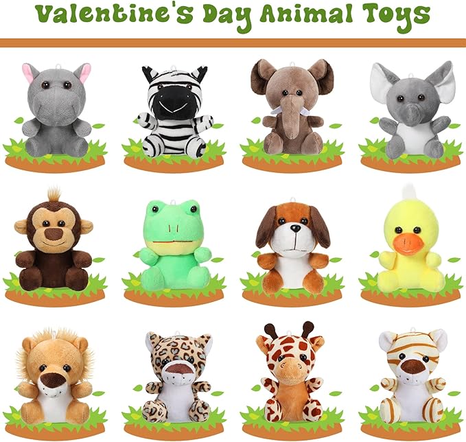 Skylety 12 Pieces Mini Stuffed Animals 4.8 Inch Cute Safari Plush Toys Elephant Lion Giraffe Tiger Puppy Zebra Duck for Jungle Animal Themed Parties Teacher Student Award Prizes
