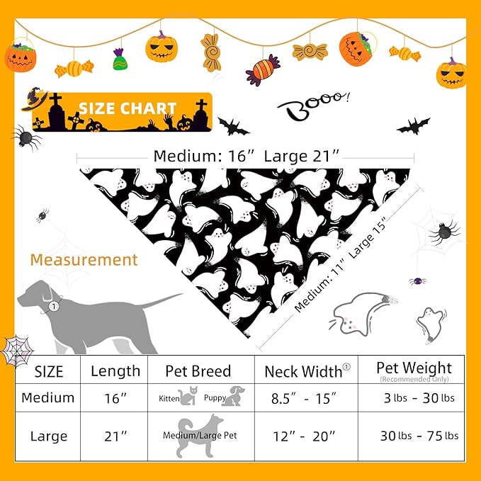 Halloween Dog Bandanas Black Ghost Spooky Boo Costumes, Cute Holiday Triangle Pet Scarf with Snap Button for Boys, 30-75lbs, Medium and Large Breed