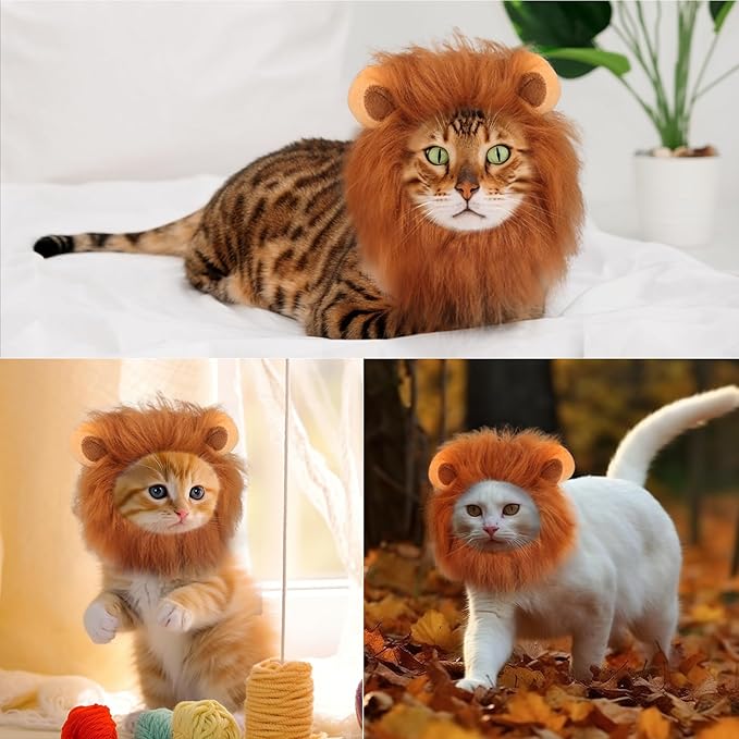 Cat Halloween Costumes - Lion Mane Wig for Cats & Puppies, Adjustable Pet Cosplay Apparel Kitten Outfits for Halloween Christmas Cat Birthday Party (Brown)