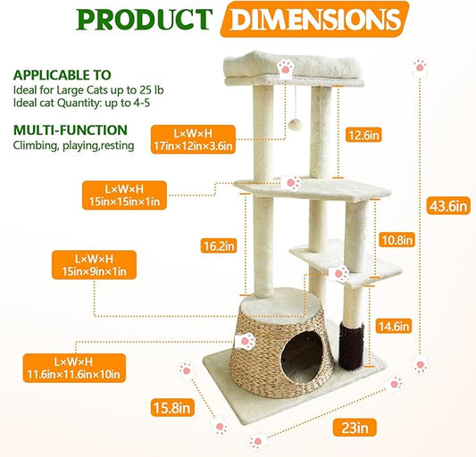 43.6” Rattan Cat Tree Tower with Woven Cat House - Multi-Level Condo & Scratching Posts - Sisal Poles, Grooming Brush, Plush Perch & Dangling Toy, Stylish Cat Furniture for Indoor Cats